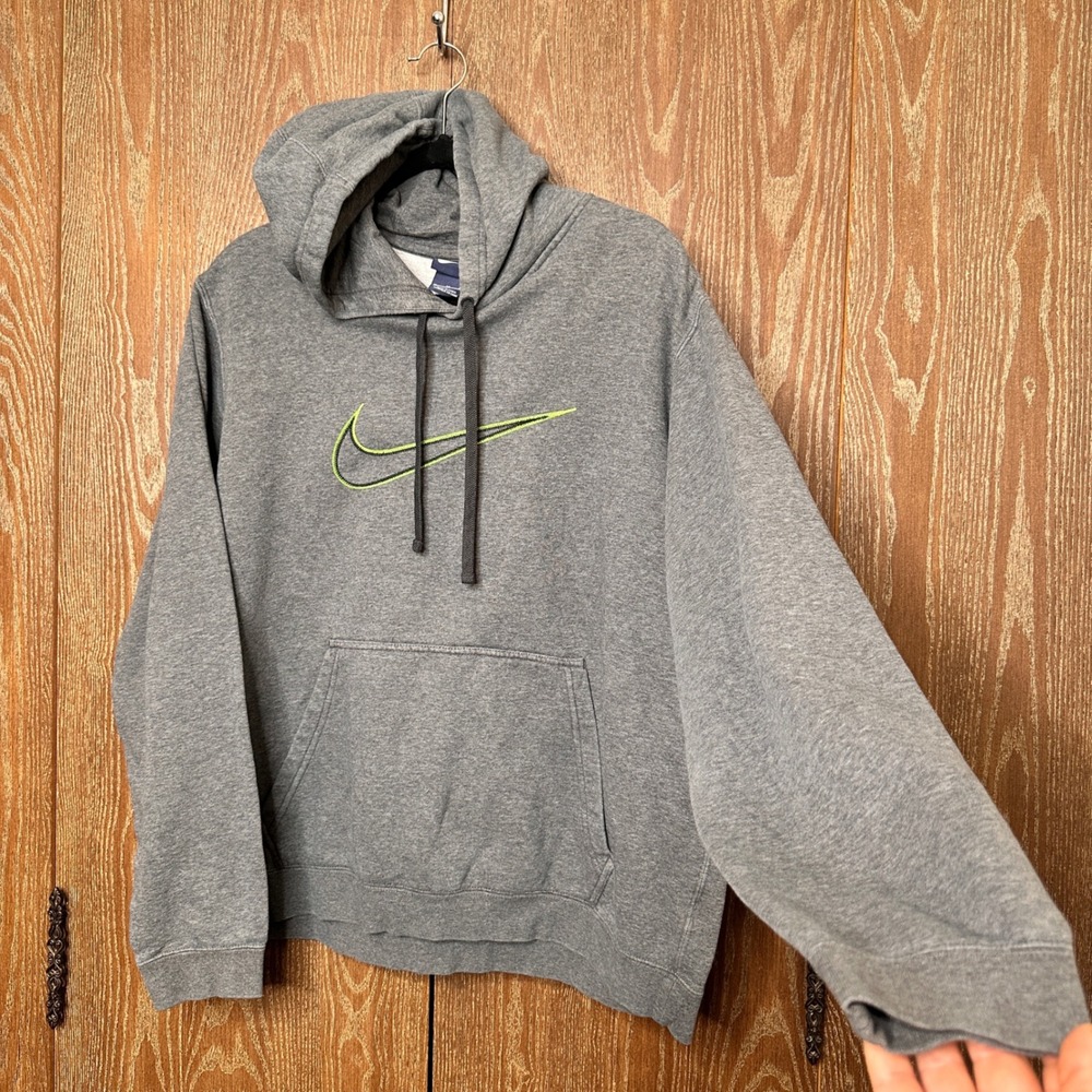 Nike Mens XL Hoodie Gray Neon Green Embroidered Swoosh Pullover Sweatshirt - Picture 4 of 12